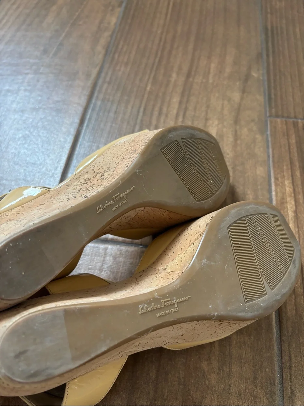 Salvatore Ferragamo Patent Leather My Sunset Cork Wedge Sandals Size 7.5 M